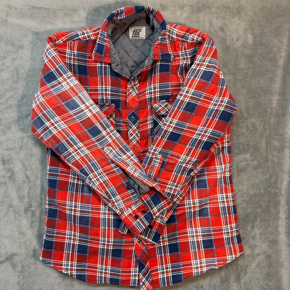 Vintage FDC Red Plaid Flannel Shirt Size L Quilt Lined Button Up Jacket Shacket